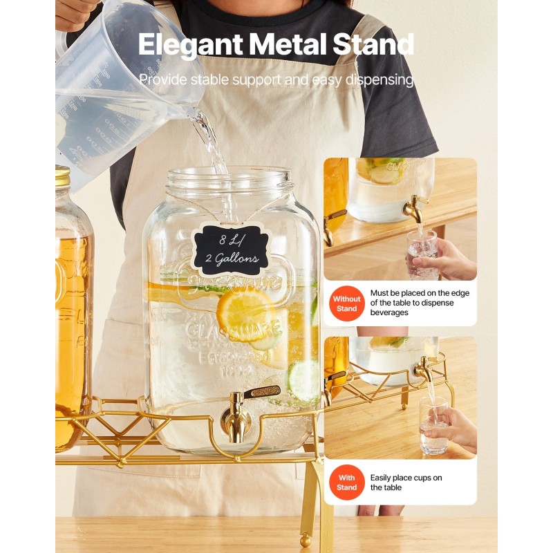 Lasinen juoma-annostelija kahdella kahdeksan litran säiliöllä metallisella telineellä ja ruostumattomalla hanalla