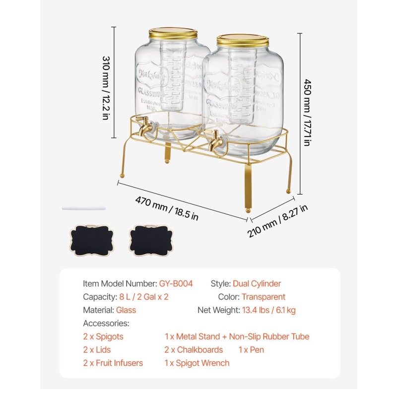 Lasinen juoma-annostelija kahdella kahdeksan litran säiliöllä metallisella telineellä ja ruostumattomalla hanalla
