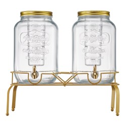 Lasinen juoma-annostelija kahdella kahdeksan litran säiliöllä metallisella telineellä ja ruostumattomalla hanalla