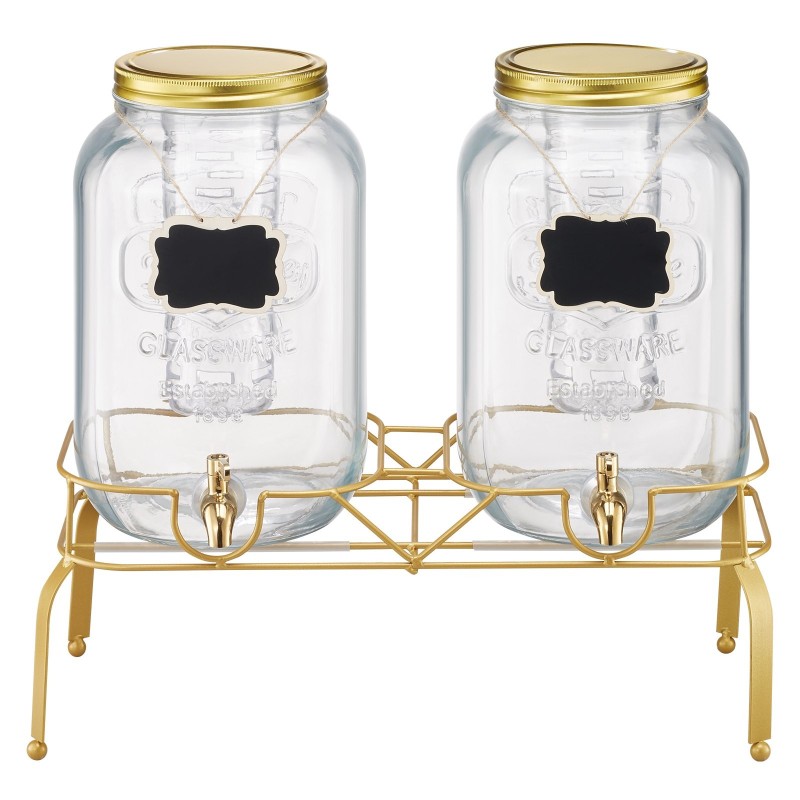 Lasinen juoma-annostelija kahdella kahdeksan litran säiliöllä metallisella telineellä ja ruostumattomalla hanalla