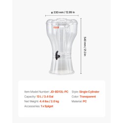 Juomadispenseri 13 litran läpinäkyvä PC-muovi tiputtamaton hana elintarvikekäyttöön