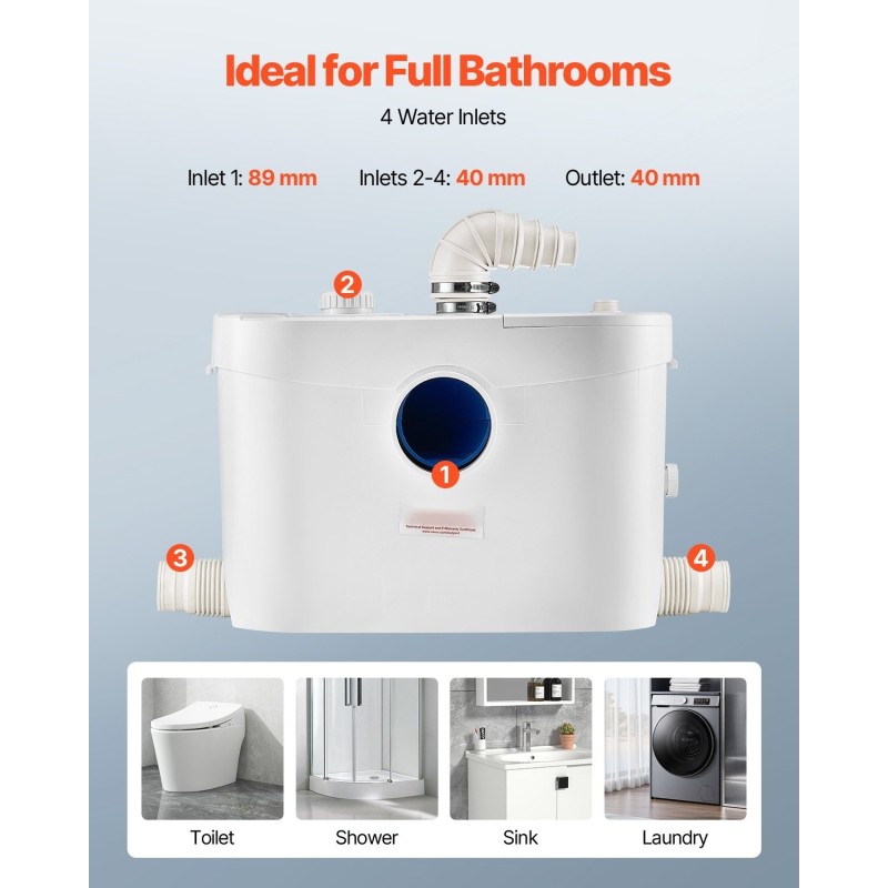 Murskaava jätevesipumppu 900 wattia 4 tuloaukkoa 180 litraa minuutissa 12 metrin nostokorkeus