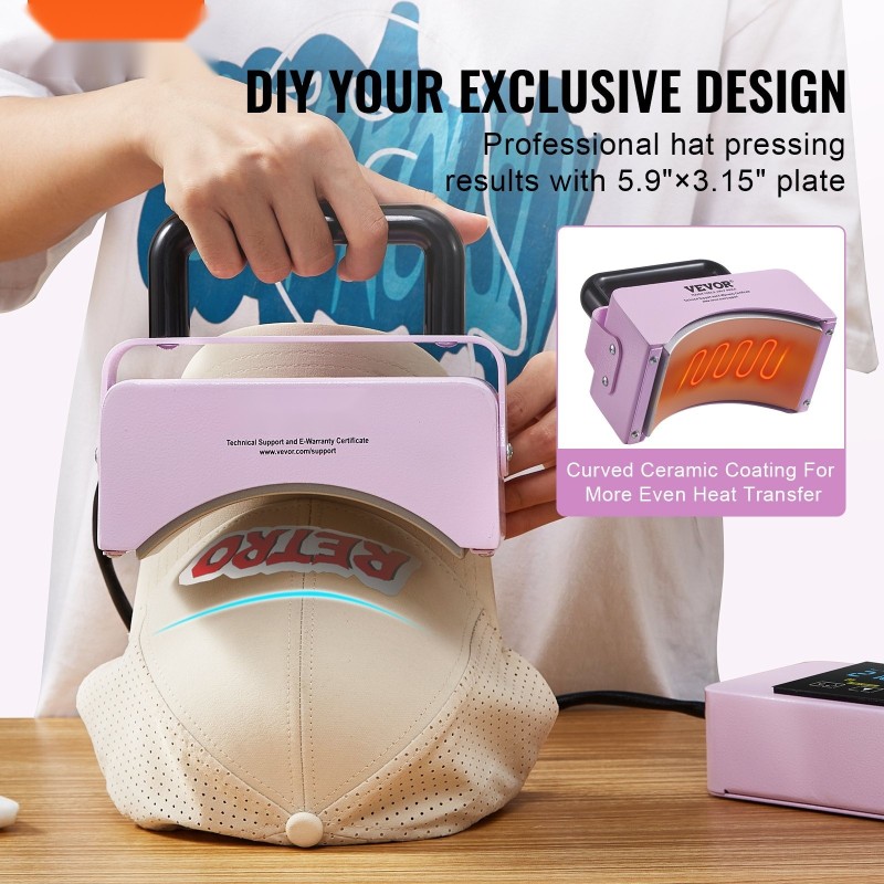 Hattupuristin kaarevalla keraamisella lämmityslevyllä 150 x 80 mm digitaalinen ohjauspaneeli silikonialustalla