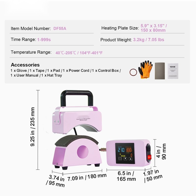 Hattupuristin kaarevalla keraamisella lämmityslevyllä 150 x 80 mm digitaalinen ohjauspaneeli silikonialustalla