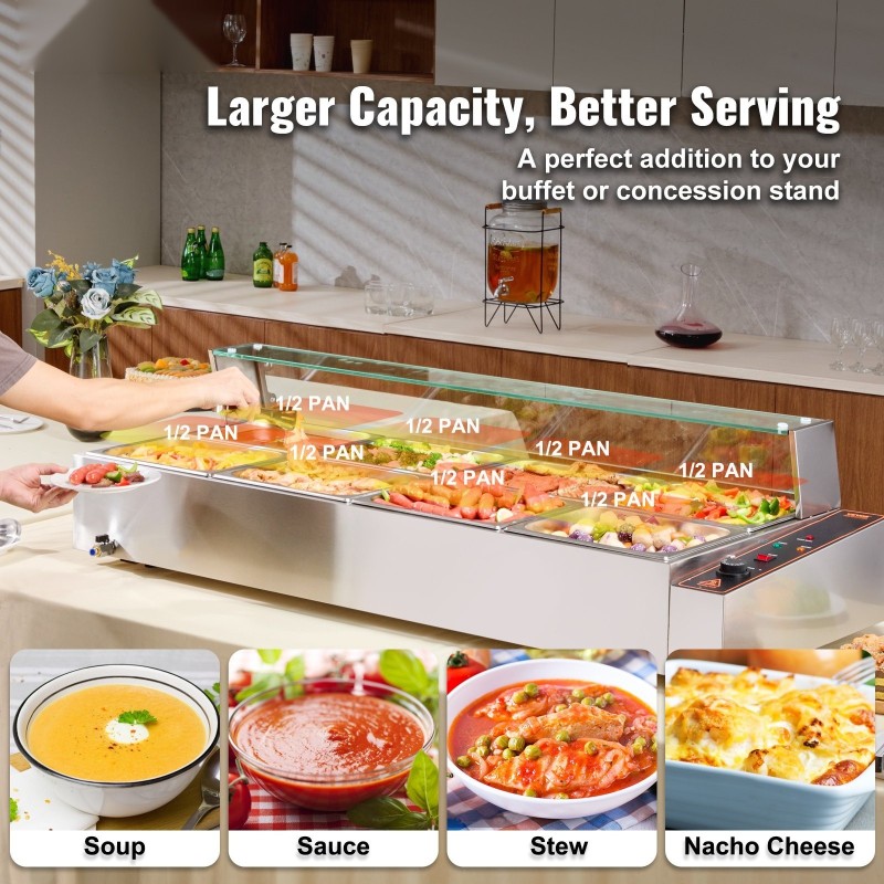 Lämpöhaude ammattikäyttöön ruostumaton teräs 8 pannua lasikansi 30–85 °C