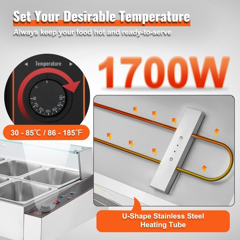 Lämpöhaude ammattikäyttöön ruostumaton teräs 8 pannua lasikansi 30–85 °C