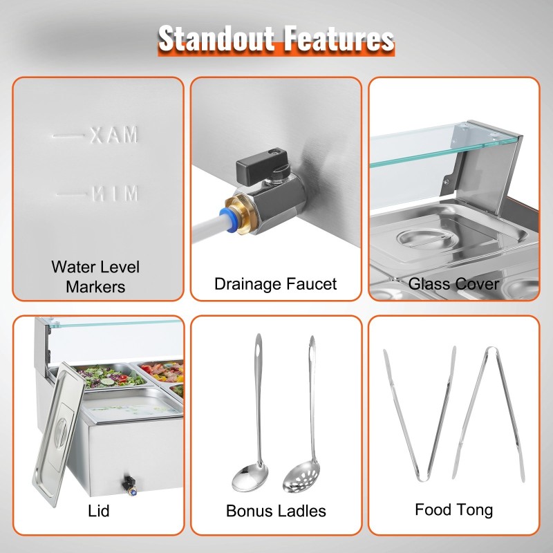 Lämpöhaude ammattikäyttöön ruostumaton teräs 8 pannua lasikansi 30–85 °C