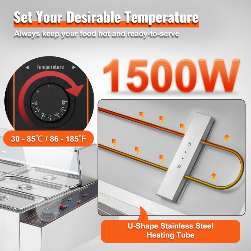 Ruokalämmitin 9 ruoka-astiaa ruostumattomasta teräksestä lasikansella säädettävä 30–85 °C 1500 wattia