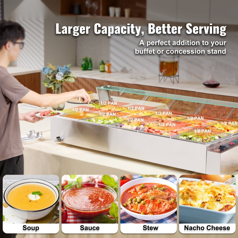 Pöytämallinen ruostumaton teräs ruokien lämpöallas 10 erillistä 7,6 litran astiaa lasinen roiskesuoja