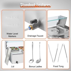 Pöytämallinen ruostumaton teräs ruokien lämpöallas 10 erillistä 7,6 litran astiaa lasinen roiskesuoja