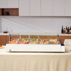 Pöytämallinen ruostumaton teräs ruokien lämpöallas 10 erillistä 7,6 litran astiaa lasinen roiskesuoja