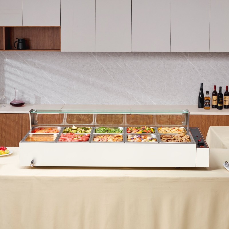 Pöytämallinen ruostumaton teräs ruokien lämpöallas 10 erillistä 7,6 litran astiaa lasinen roiskesuoja