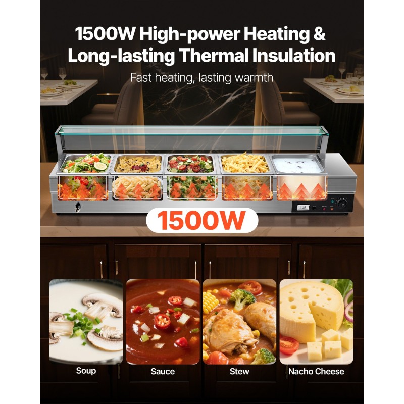 Ruokien lämpöhaude ruostumaton teräs 5 astiapataa lasikannella 30–85°C