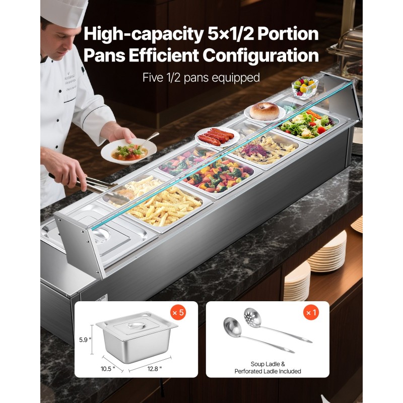 Ruokien lämpöhaude ruostumaton teräs 5 astiapataa lasikannella 30–85°C