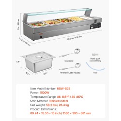 Ruokien lämpöhaude ruostumaton teräs 5 astiapataa lasikannella 30–85°C