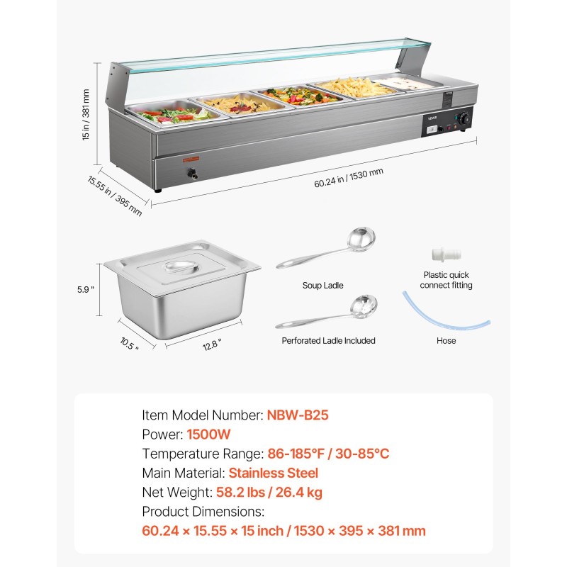 Ruokien lämpöhaude ruostumaton teräs 5 astiapataa lasikannella 30–85°C