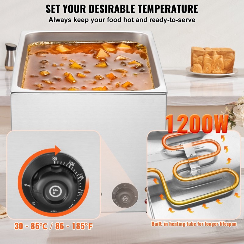 Ruokien lämpöhaude ruostumattomasta teräksestä 18 L 1200 W kuivakäyntisuoja