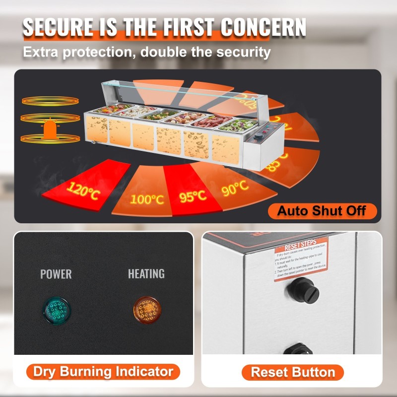 Sähköinen ruoanlämmitin ruostumattomasta teräksestä 6 x 4,7 l lasisuojalla noutopöytiin