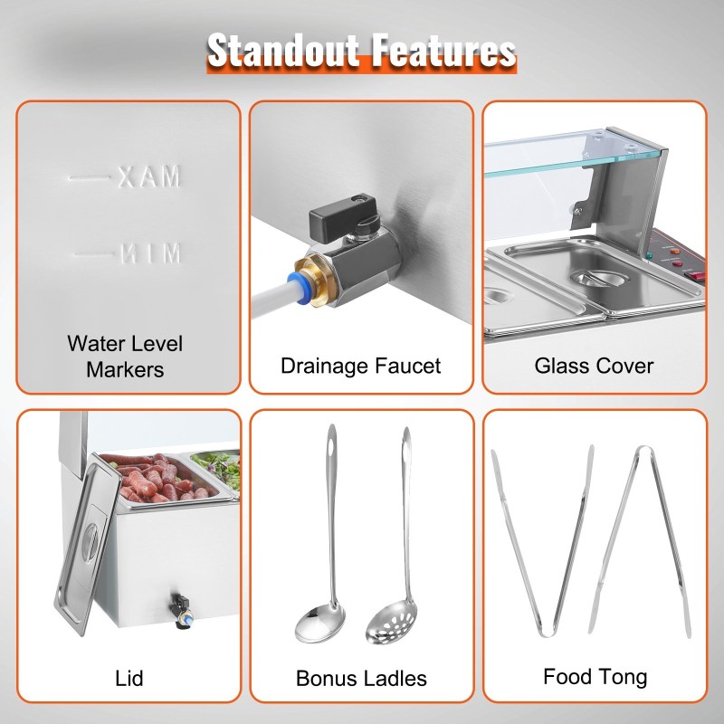 Sähköinen ruoanlämmitin ruostumattomasta teräksestä 6 x 4,7 l lasisuojalla noutopöytiin