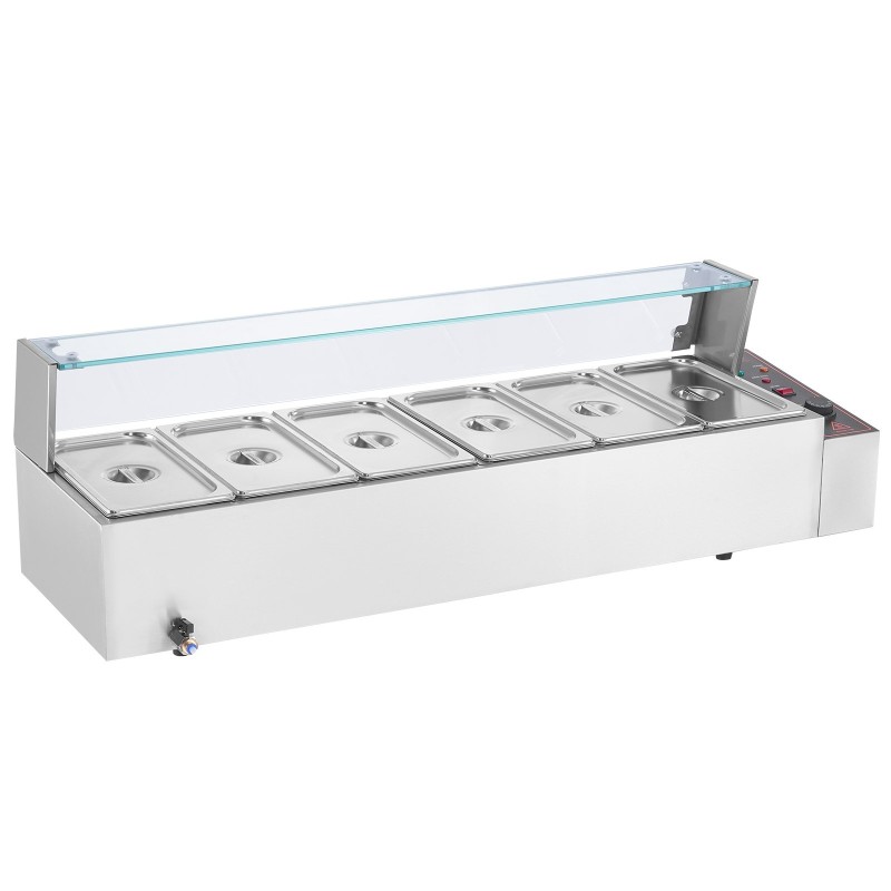 Sähköinen ruoanlämmitin ruostumattomasta teräksestä 6 x 4,7 l lasisuojalla noutopöytiin