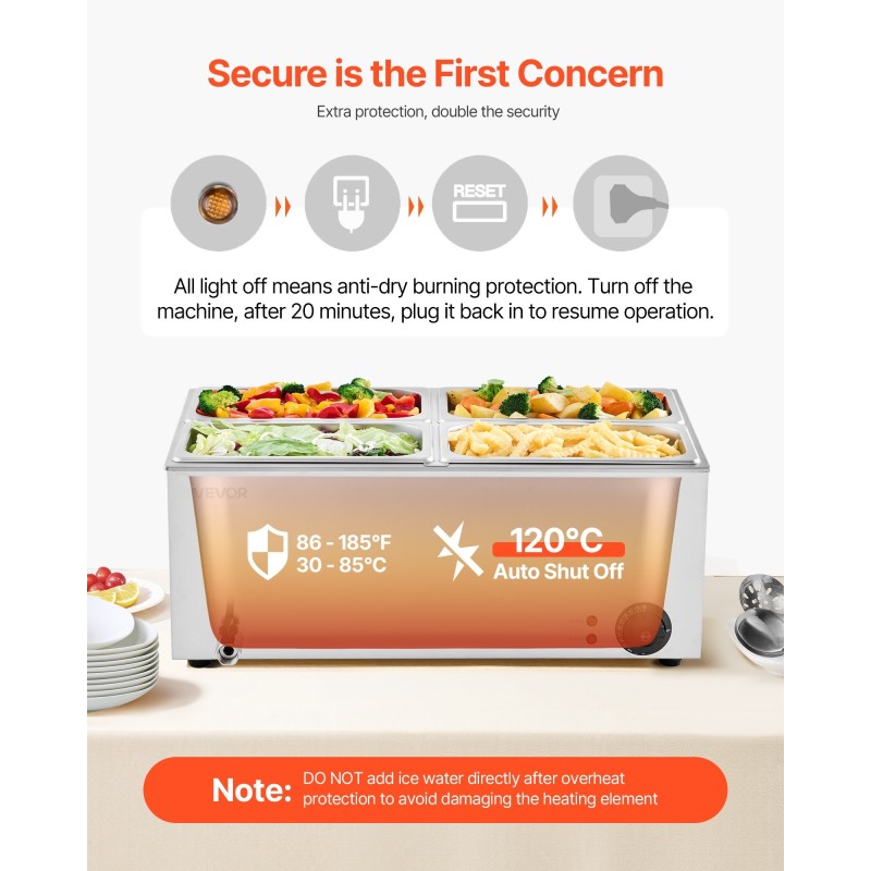 Ruoanlämmitin ruostumattomasta teräksestä 4 astiaa 15 litraa 1200W 30–85°C ammattikäyttöön