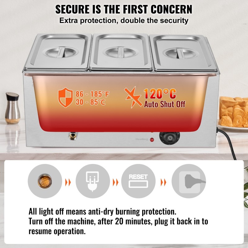 Ruoanlämmitin ruostumatonta terästä kolme yhden kolmasosan kokoista astiaa 16,5 litraa 1200 wattia