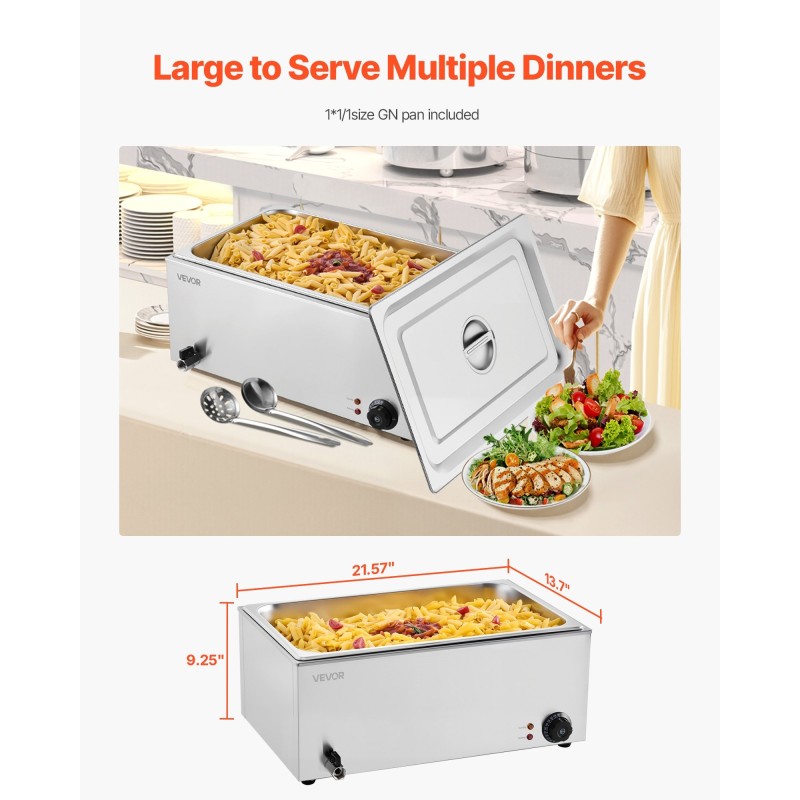 Ruokienlämmitin pöytämallinen ruostumatonta terästä täysikokoinen 18 litran vuoka 1200 wattia lämpötilansäädöllä