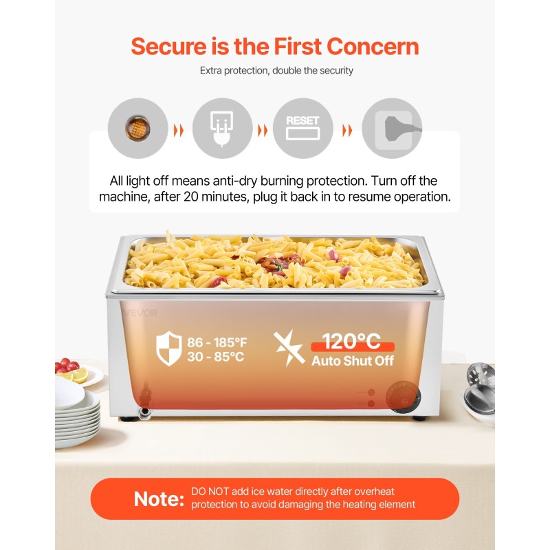 Ruokienlämmitin pöytämallinen ruostumatonta terästä täysikokoinen 18 litran vuoka 1200 wattia lämpötilansäädöllä