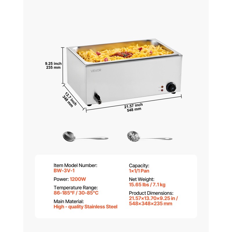 Ruokienlämmitin pöytämallinen ruostumatonta terästä täysikokoinen 18 litran vuoka 1200 wattia lämpötilansäädöllä