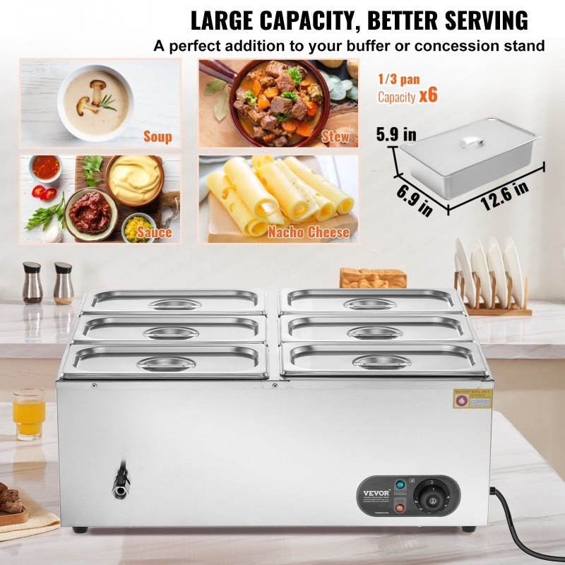 Ruokien lämpöallas ruostumatonta terästä kuudelle 5QT GN-astialle ammattikäyttöön