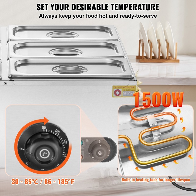 Ruokien lämpöallas ruostumatonta terästä kuudelle 5QT GN-astialle ammattikäyttöön