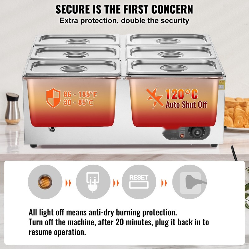 Ruokien lämpöallas ruostumatonta terästä kuudelle 5QT GN-astialle ammattikäyttöön