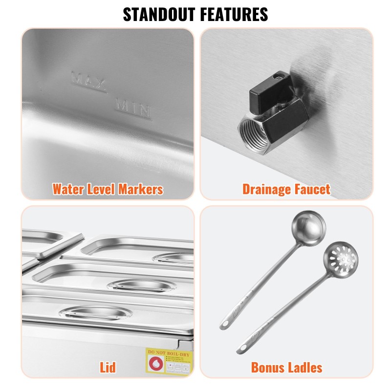Ruokien lämpöallas ruostumatonta terästä kuudelle 5QT GN-astialle ammattikäyttöön
