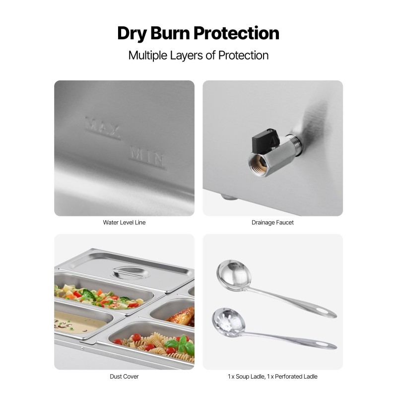 Höyrylämpöallas ruostumaton teräs 1500W 6 erillistä astiaa pitopalveluun ja ravintolakäyttöön