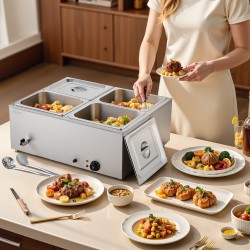 Pöytämallinen sähköinen ruoanlämmitin ruostumattomasta teräksestä neljällä vuoalla ja kannella
