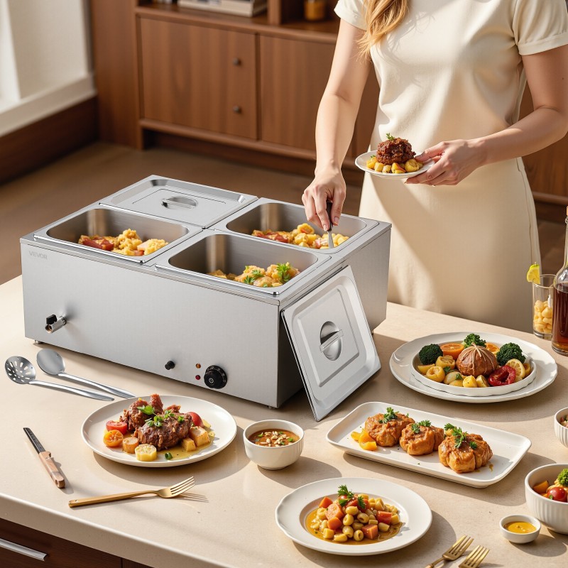 Pöytämallinen sähköinen ruoanlämmitin ruostumattomasta teräksestä neljällä vuoalla ja kannella