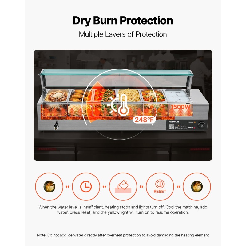 Sähköinen ruoanlämmitin ruostumatonta terästä 1500 wattia kuusi yhden kolmasosan kokoista astiaa lasikansi