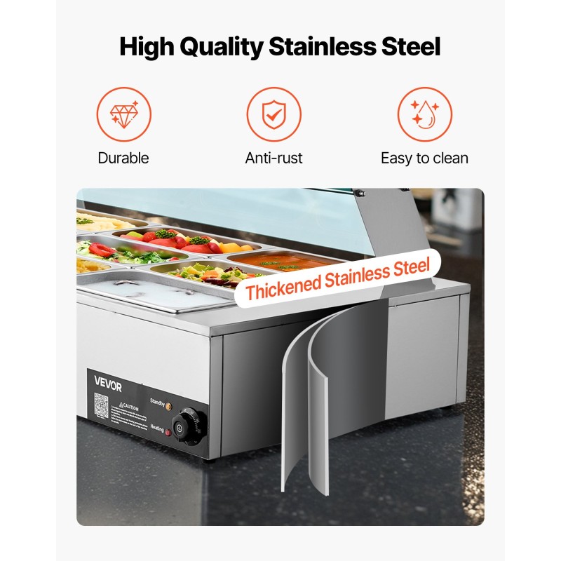 Sähköinen 12-astiallinen vesihaudelämmitin 1700 watin teho ruostumatonta terästä lasikannella pöytämallinen