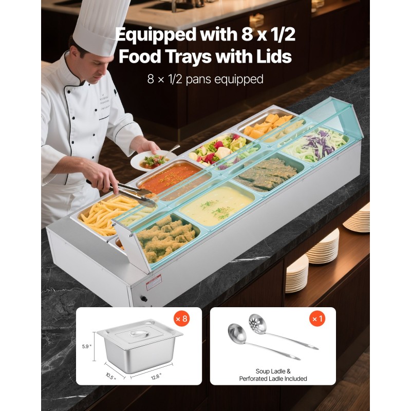 Pöytämallinen buffet-lämpöhaude 8 GN-astiaa ruostumatonta terästä 1700W lasikannella tyhjennysventtiilillä