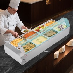 Pöytämallinen buffet-lämpöhaude 8 GN-astiaa ruostumatonta terästä 1700W lasikannella tyhjennysventtiilillä