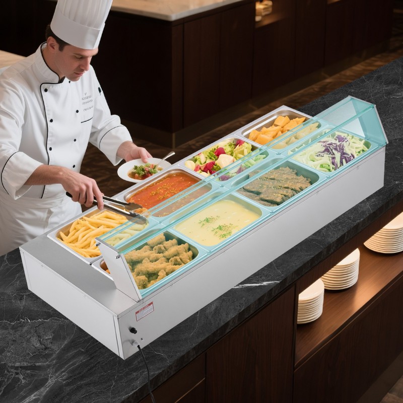 Pöytämallinen buffet-lämpöhaude 8 GN-astiaa ruostumatonta terästä 1700W lasikannella tyhjennysventtiilillä