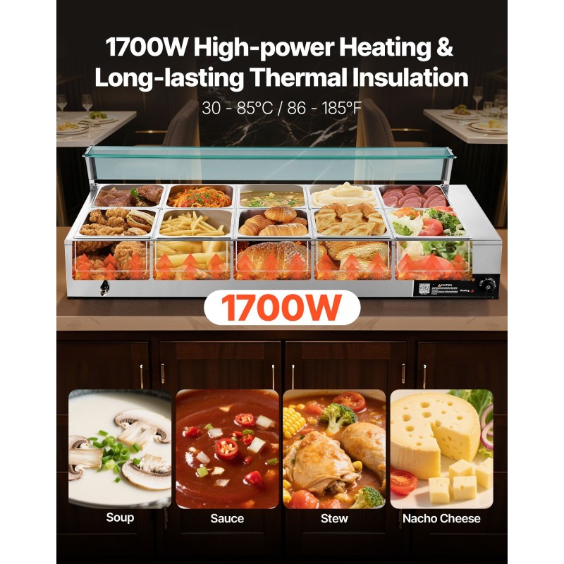 Ruoanlämmitin pöytämallinen 10-allastinen ruostumattomasta teräksestä vesihauteella 1700W lasikannella