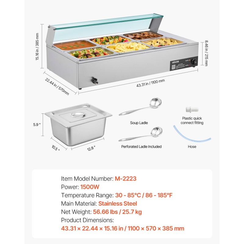 Ruostumattomasta teräksestä sähköinen höyryruoanlämmitin 1500 wattia 6 puolikokoista vuokaa lasikansi