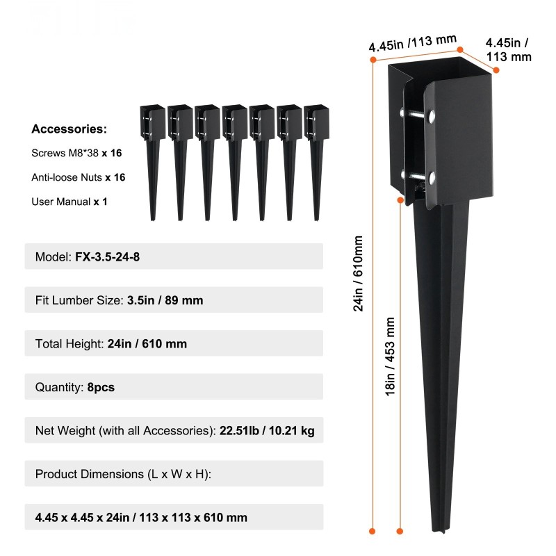 Maapiikit terästä mustalla jauhemaalipinnoitteella 89 mm tolpille 8 kpl