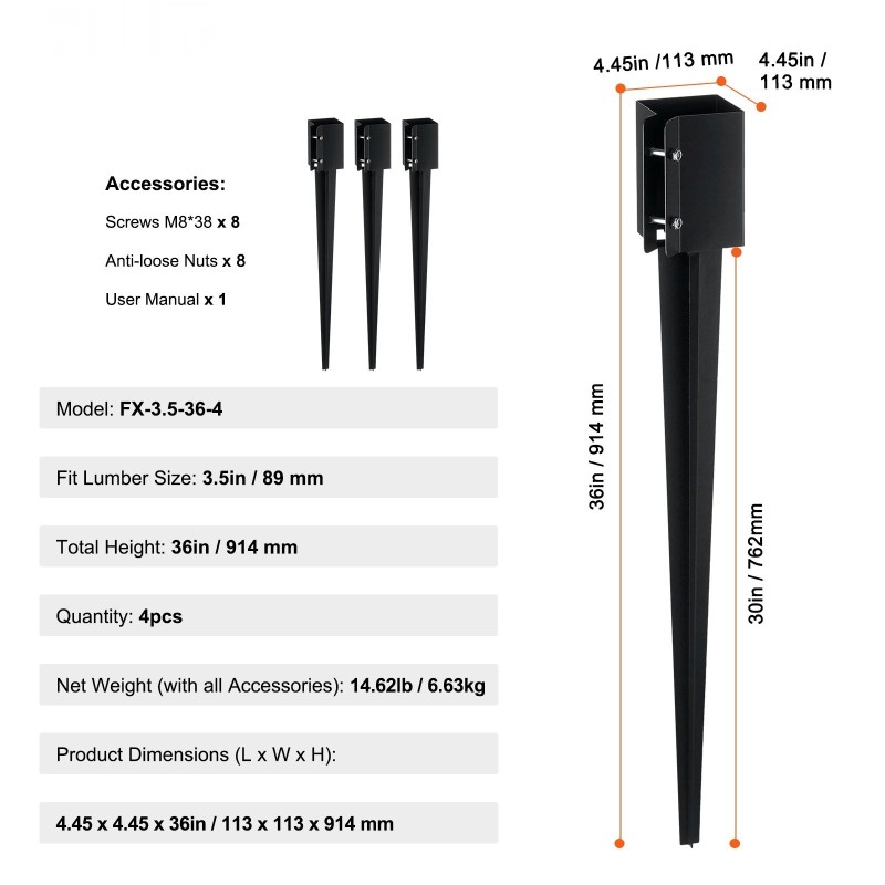 Teräksinen maapiikki 4 kappaletta 914 millimetriä musta pulveripinnoite sopii 89 millimetrin tolppaan