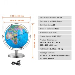 Valaistu maapallo ABS-muovinen 228,6 mm metallijalustalla tähtikartalla kartta englanniksi