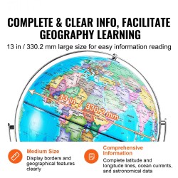 Valaistu ABS-muovinen maailmankarttapallo 33 cm metallijalustalla 720 asteen pyörivä englanninkielinen kartta