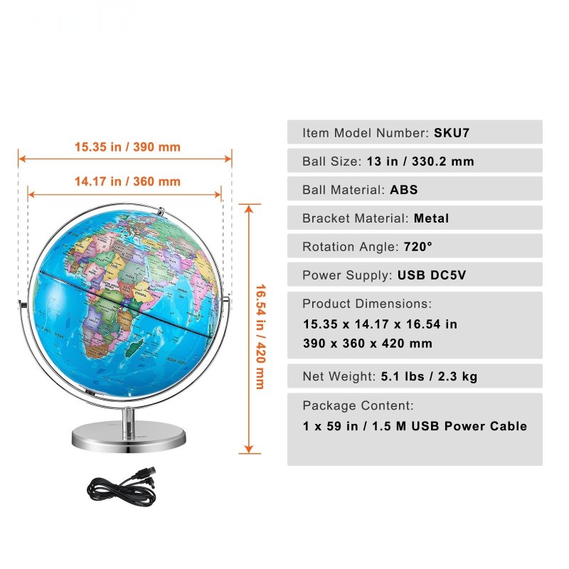Valaistu ABS-muovinen maailmankarttapallo 33 cm metallijalustalla 720 asteen pyörivä englanninkielinen kartta