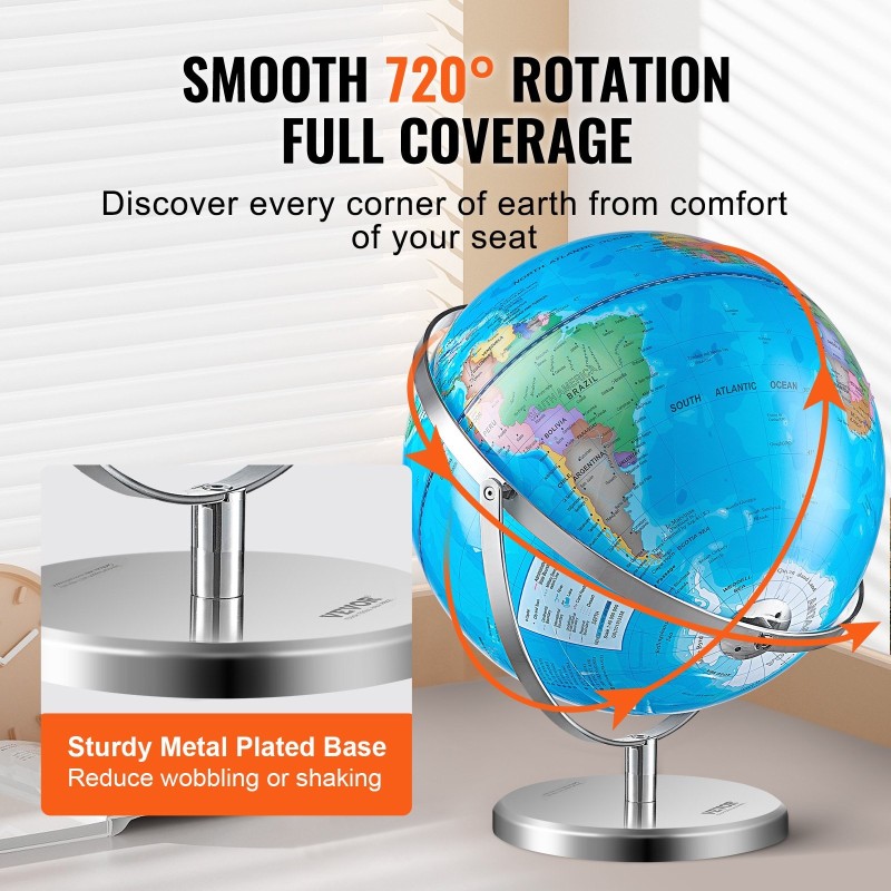Valaistu ABS-muovinen maapallo 33 cm 720° pyörivällä metallijalustalla LED-tähdistövalolla