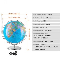 Valaistu ABS-muovinen maapallo 33 cm 720° pyörivällä metallijalustalla LED-tähdistövalolla